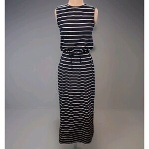 Pact Organic Cotton Sleeveless Striped Maxi Dress Drawstring Waist Pockets Small